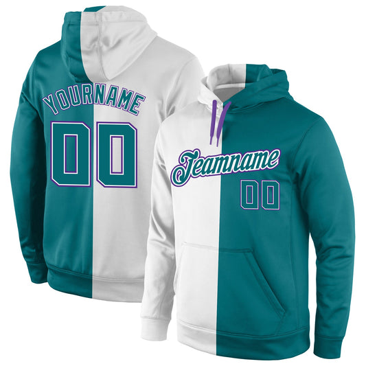 Custom Stitched White Aqua-Purple Split Fashion Sports Pullover Sweatshirt Hoodie - Main View