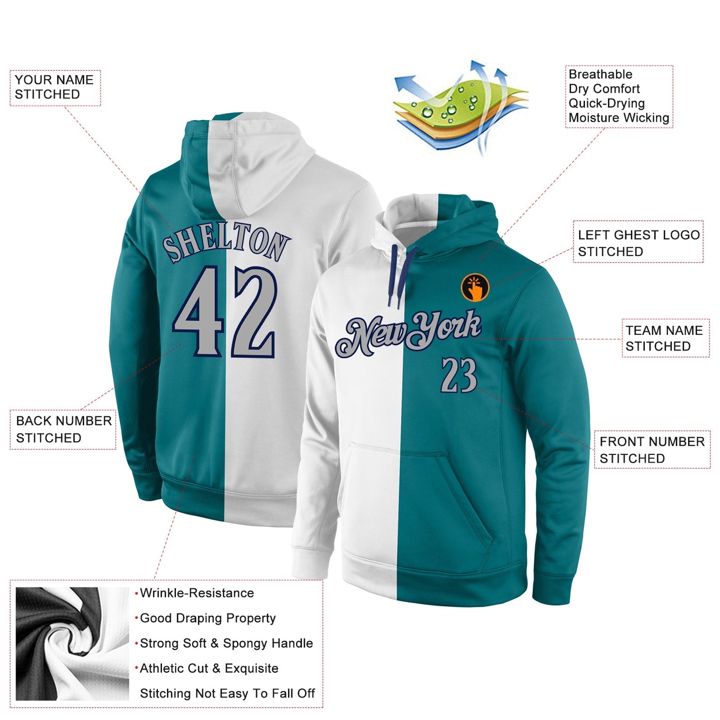 Custom Stitched Aqua Gray-Navy Split Fashion Sports Pullover Sweatshirt Hoodie view 4