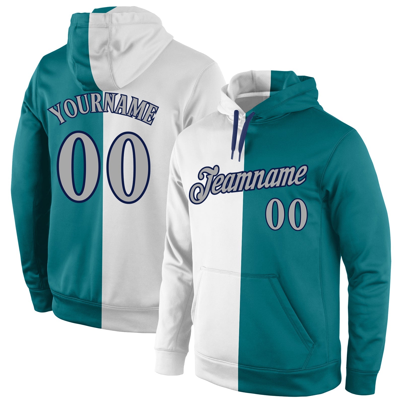 Custom Stitched Aqua Gray-Navy Split Fashion Sports Pullover Sweatshirt Hoodie - Main View
