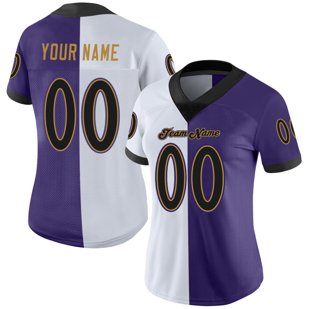 Custom Purple Black-White Split Fashion Football Jersey view 2