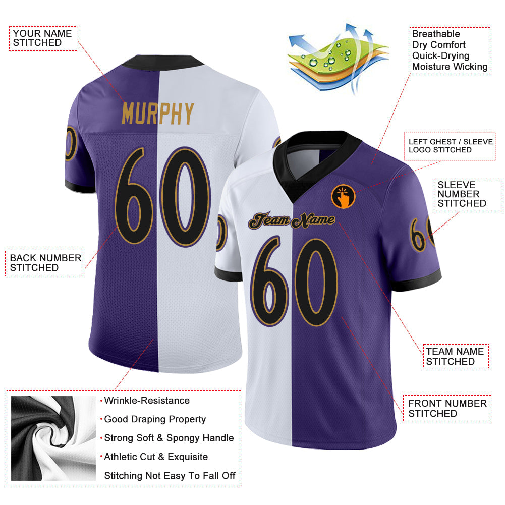 Custom Purple Black-White Split Fashion Football Jersey view 3