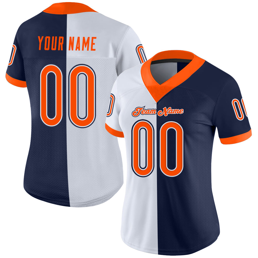 Custom Navy Orange-White Split Fashion Football Jersey view 2