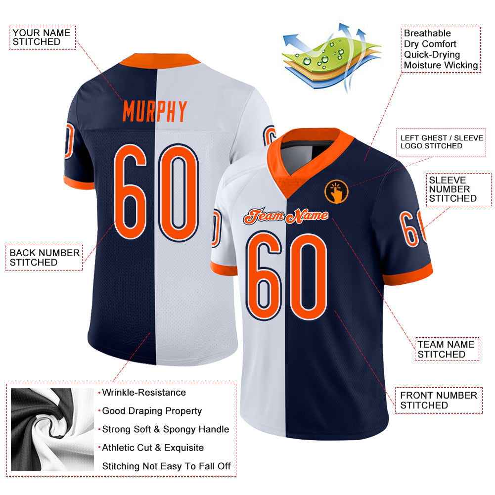 Custom Navy Orange-White Split Fashion Football Jersey view 3