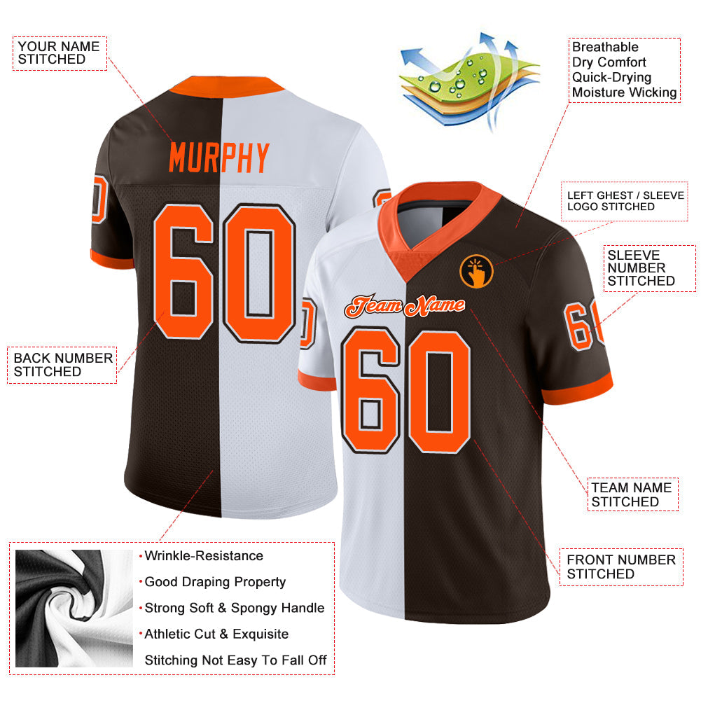 Custom Brown Orange-White Split Fashion Football Jersey view 3