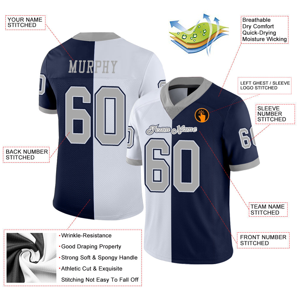 Custom Navy Gray-White Split Fashion Football Jersey view 3
