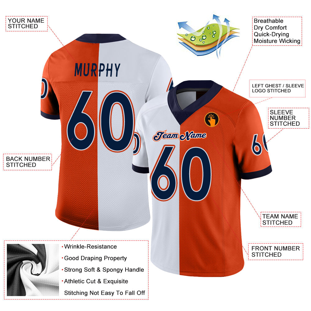 Custom Orange Navy-White Split Fashion Football Jersey view 3