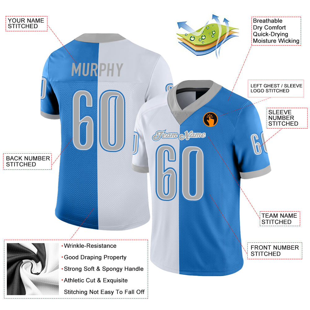 Custom Powder Blue Gray-White Split Fashion Football Jersey view 3
