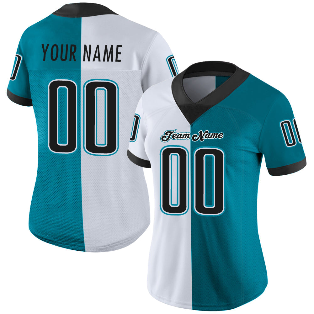 Custom Teal Black-White Split Fashion Football Jersey view 2