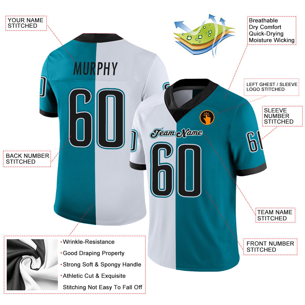Custom Teal Black-White Split Fashion Football Jersey view 3