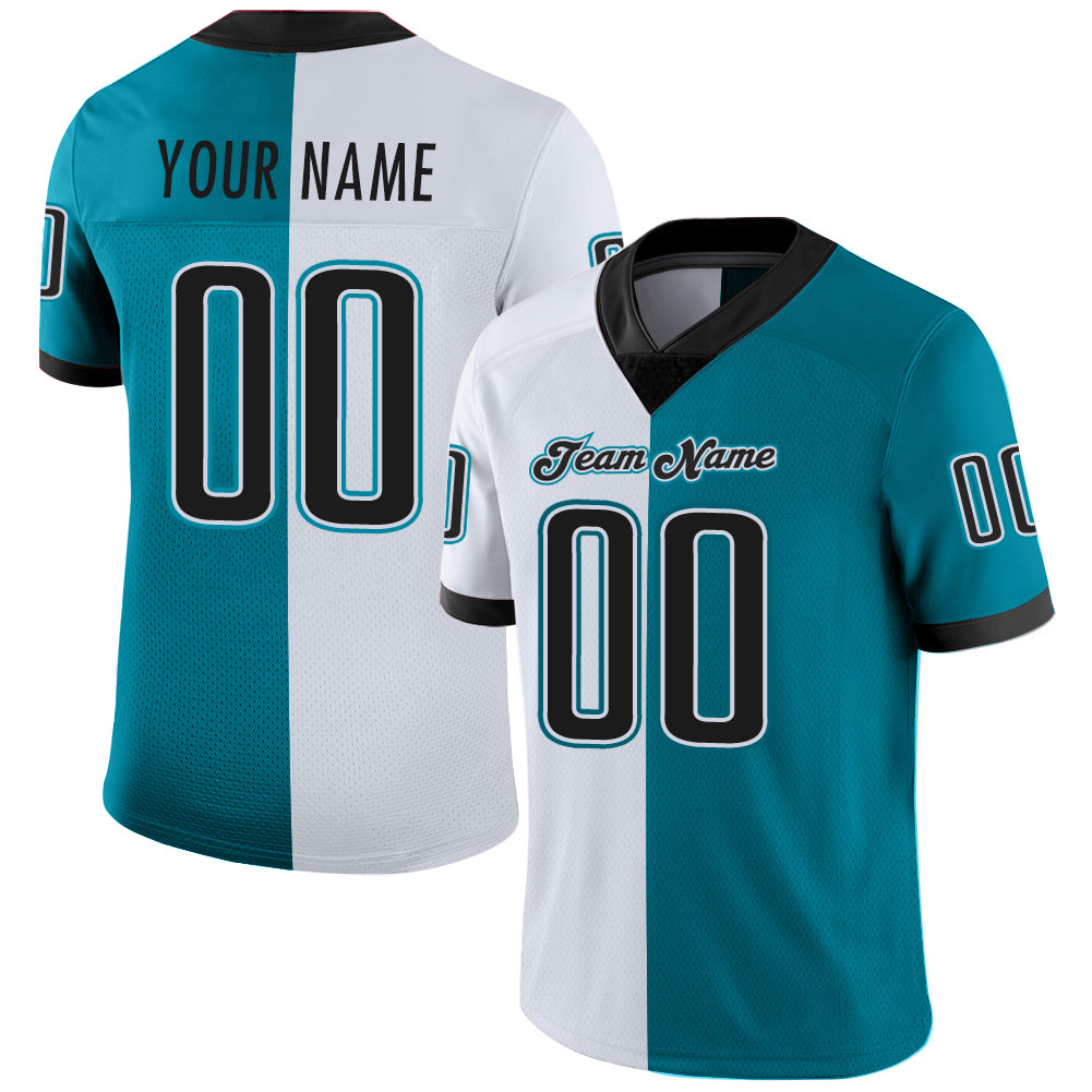 Custom Teal Black-White Split Fashion Football Jersey - Main View