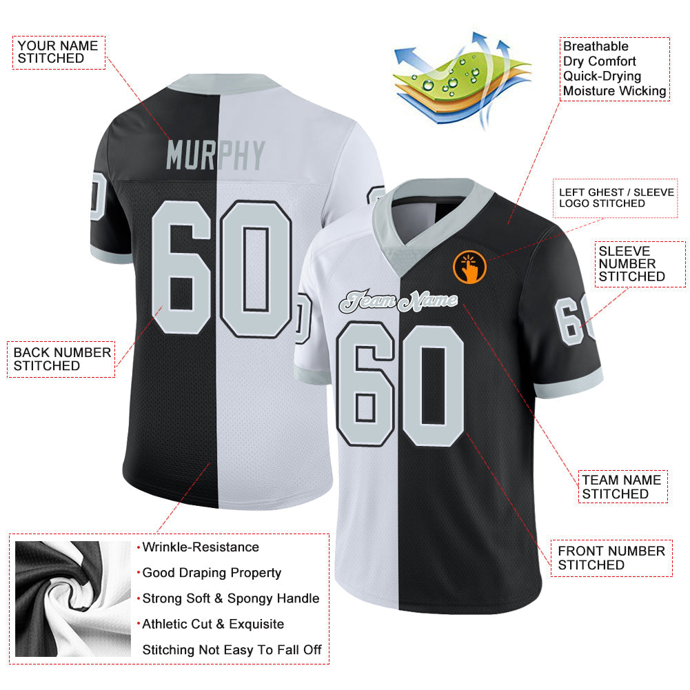 Custom Black Silver-White Split Fashion Football Jersey view 3