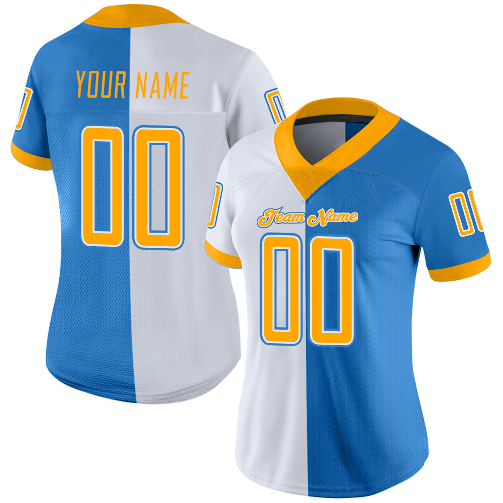 Custom Powder Blue Gold-White Split Fashion Football Jersey view 2