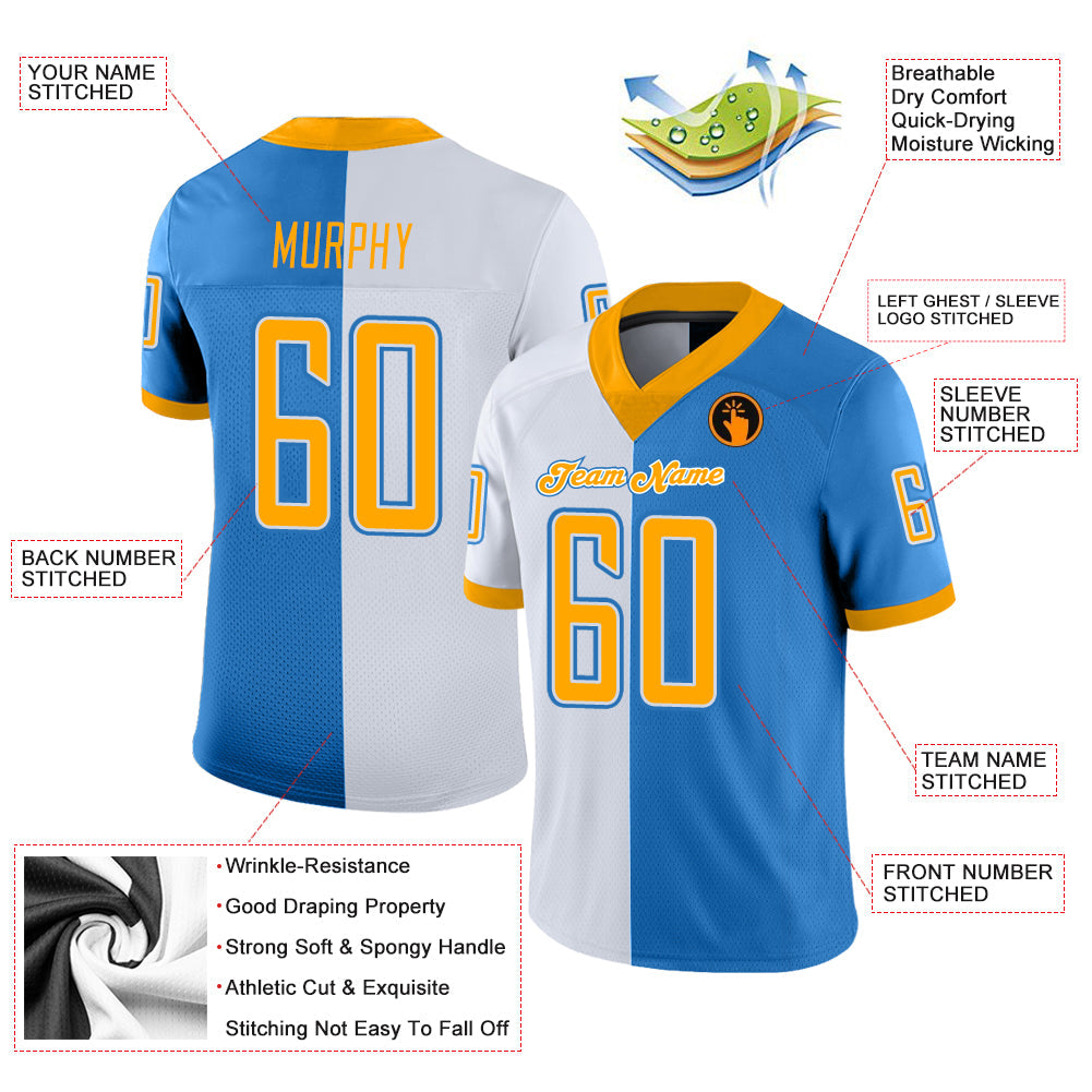 Custom Powder Blue Gold-White Split Fashion Football Jersey view 3