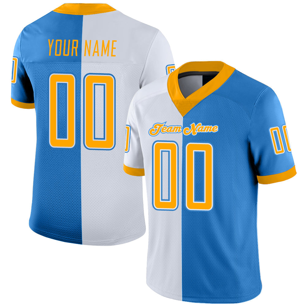 Custom Powder Blue Gold-White Split Fashion Football Jersey - Main View