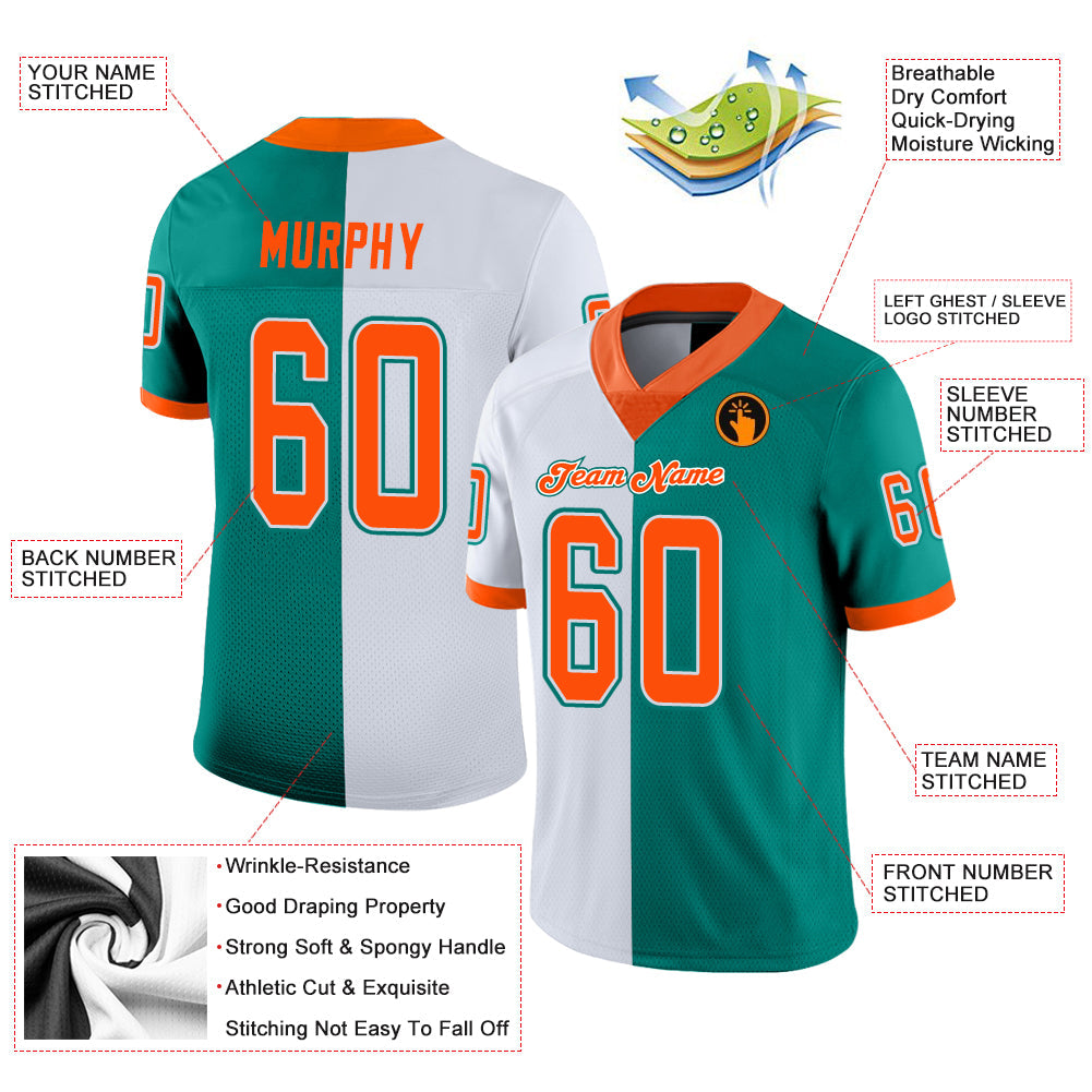 Custom Aqua Orange-White Split Fashion Football Jersey view 3