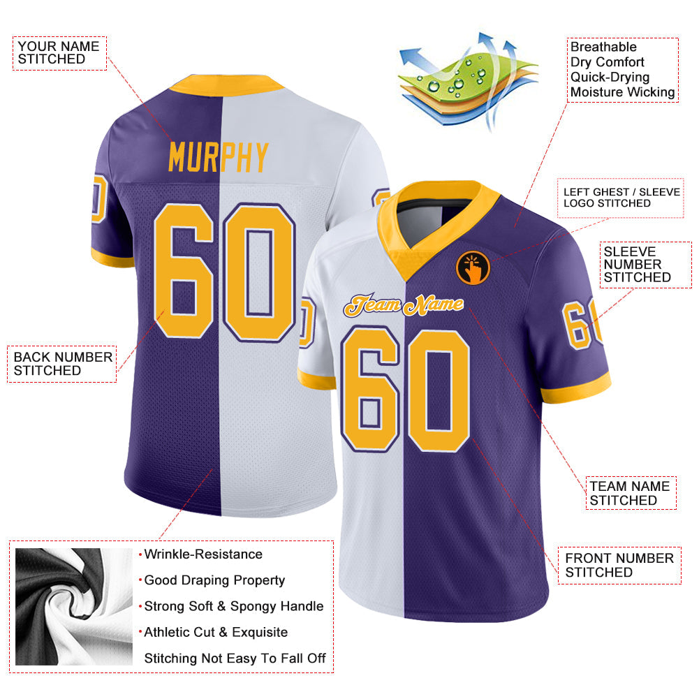 Custom Purple Gold-White Split Fashion Football Jersey view 3