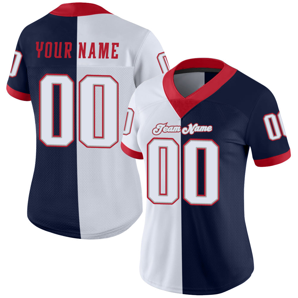Custom Navy White-Scarlet Split Fashion Football Jersey view 2