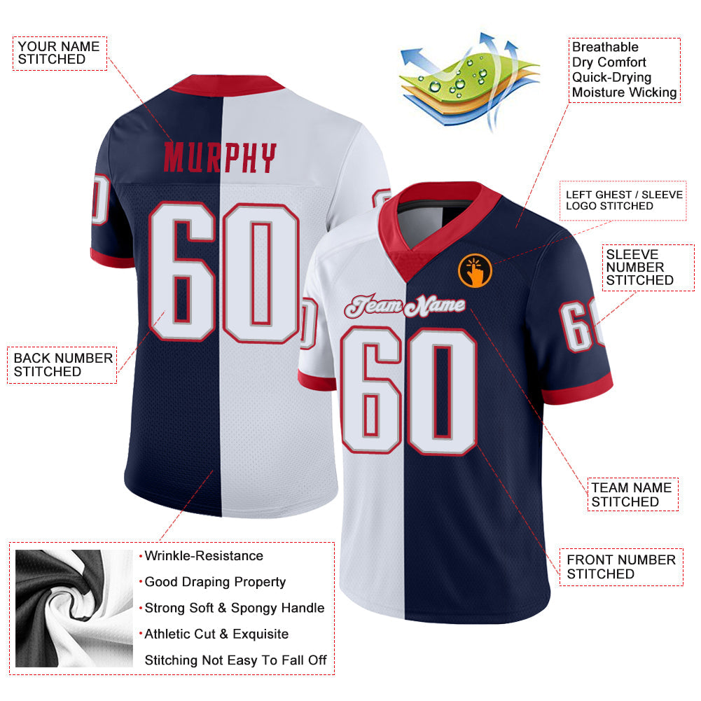 Custom Navy White-Scarlet Split Fashion Football Jersey view 3