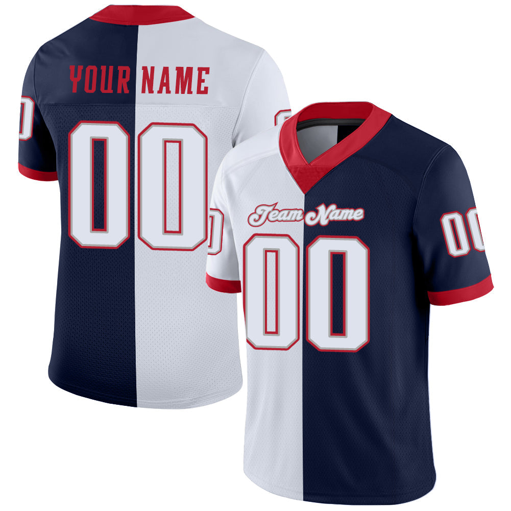 Custom Navy White-Scarlet Split Fashion Football Jersey - Main View