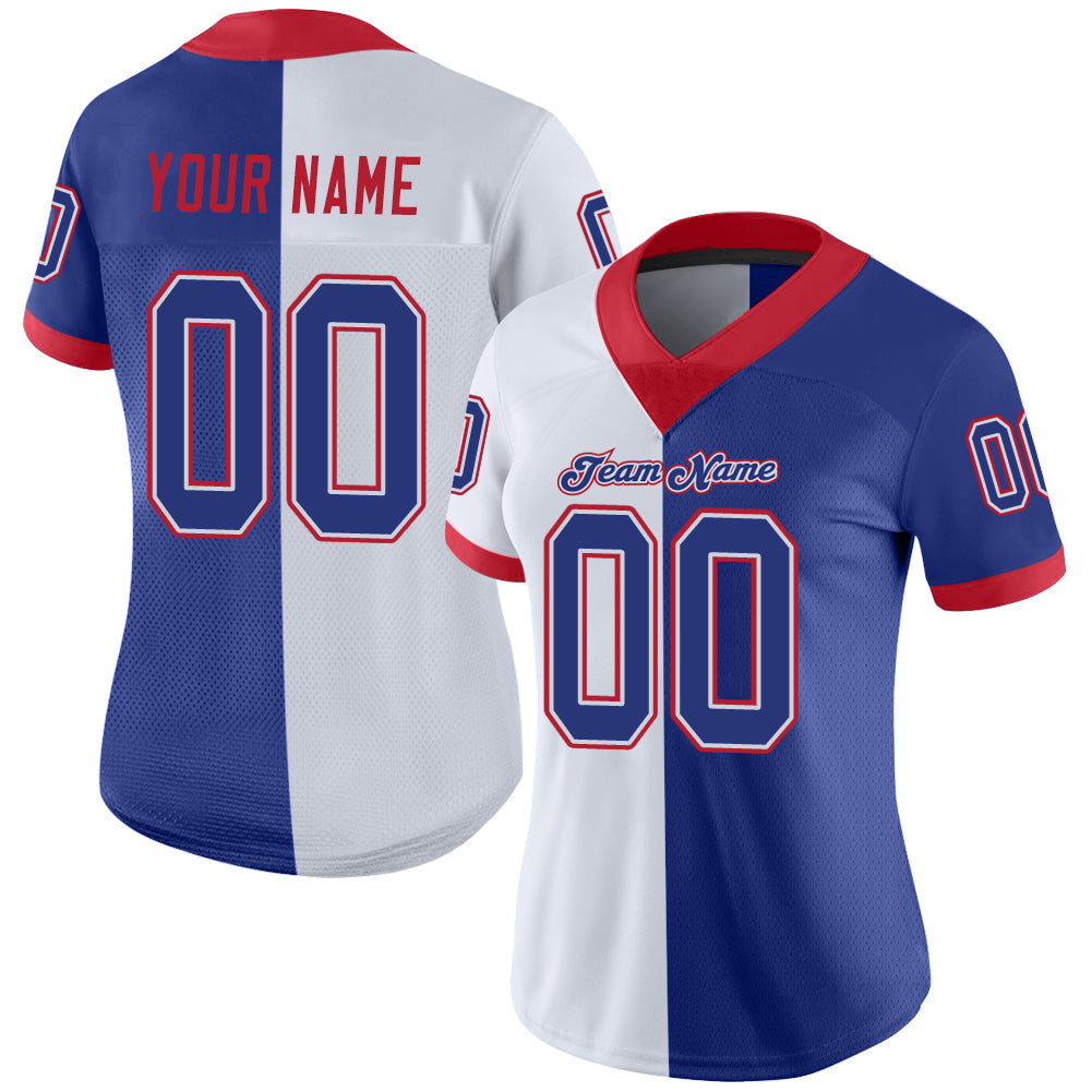 Custom White Royal-Scarlet Split Fashion Football Jersey view 2