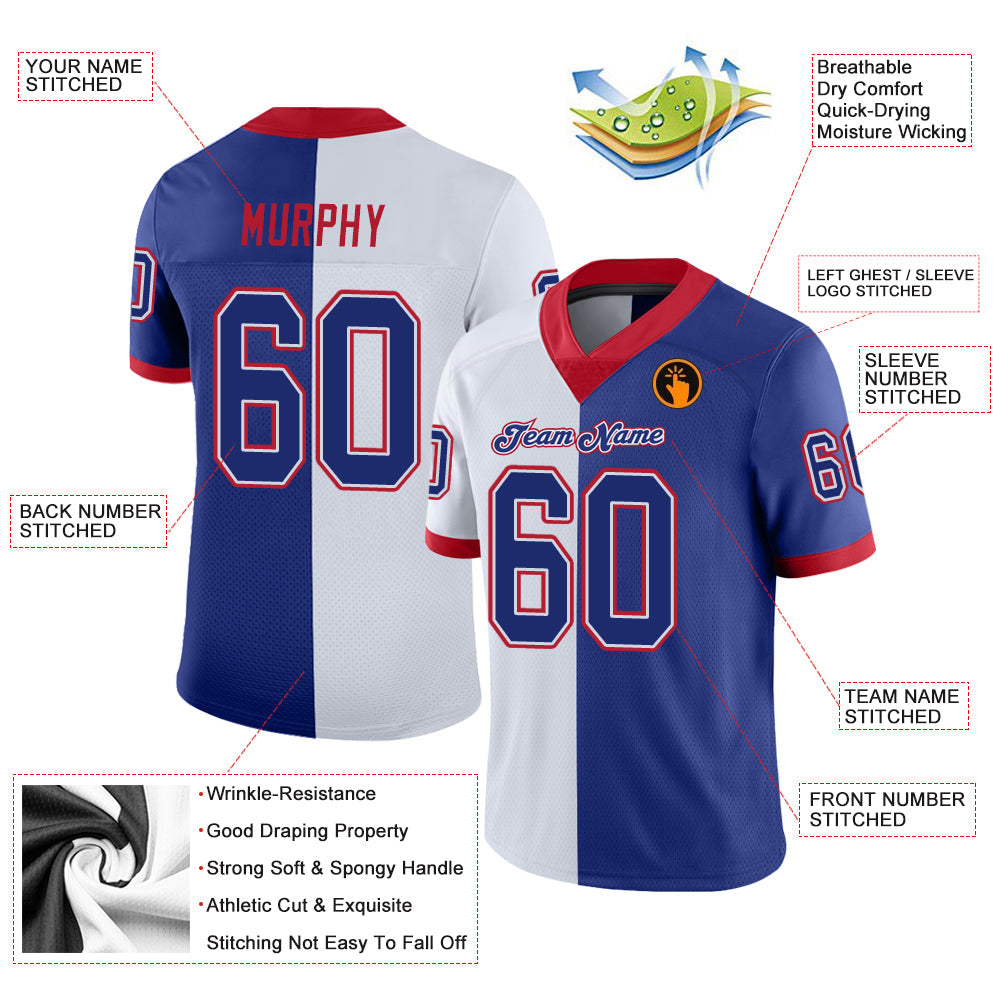 Custom White Royal-Scarlet Split Fashion Football Jersey view 3