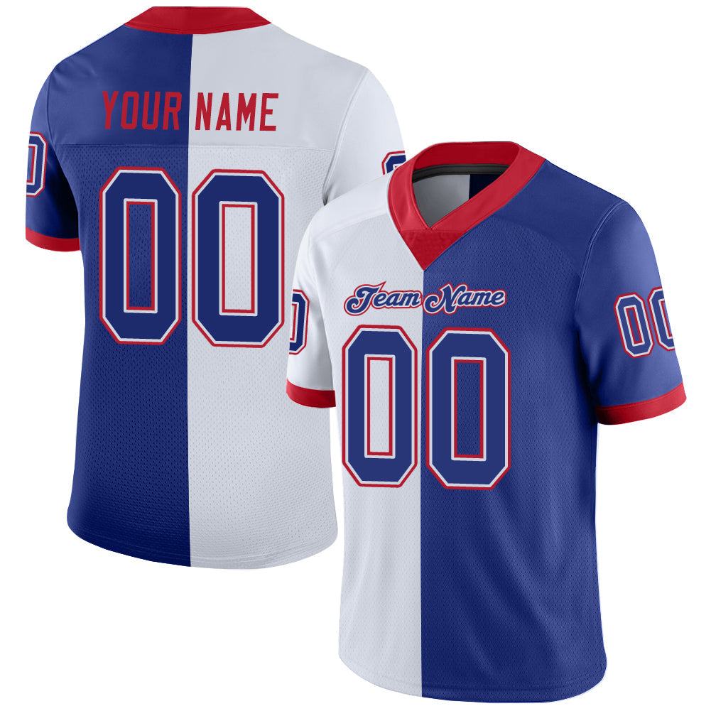 Custom White Royal-Scarlet Split Fashion Football Jersey - Main View