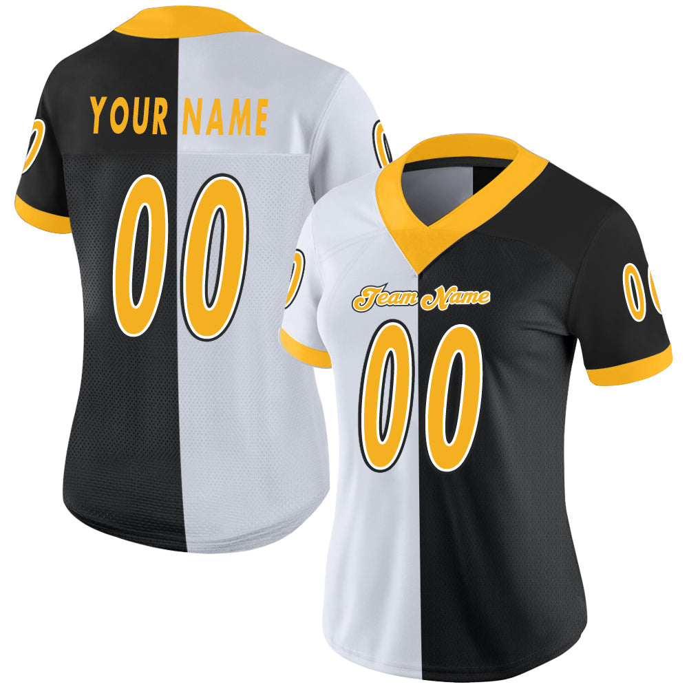 Custom Black Gold-White Split Fashion Football Jersey view 2