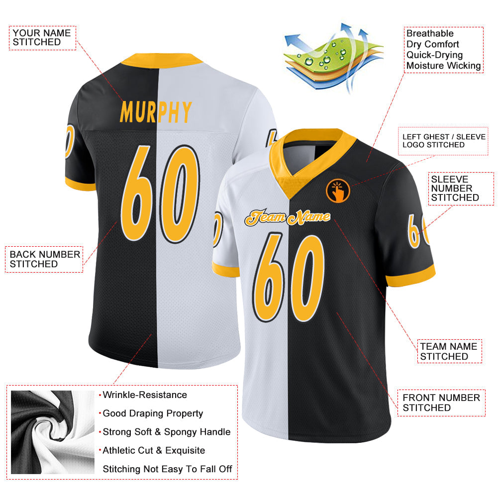 Custom Black Gold-White Split Fashion Football Jersey view 3