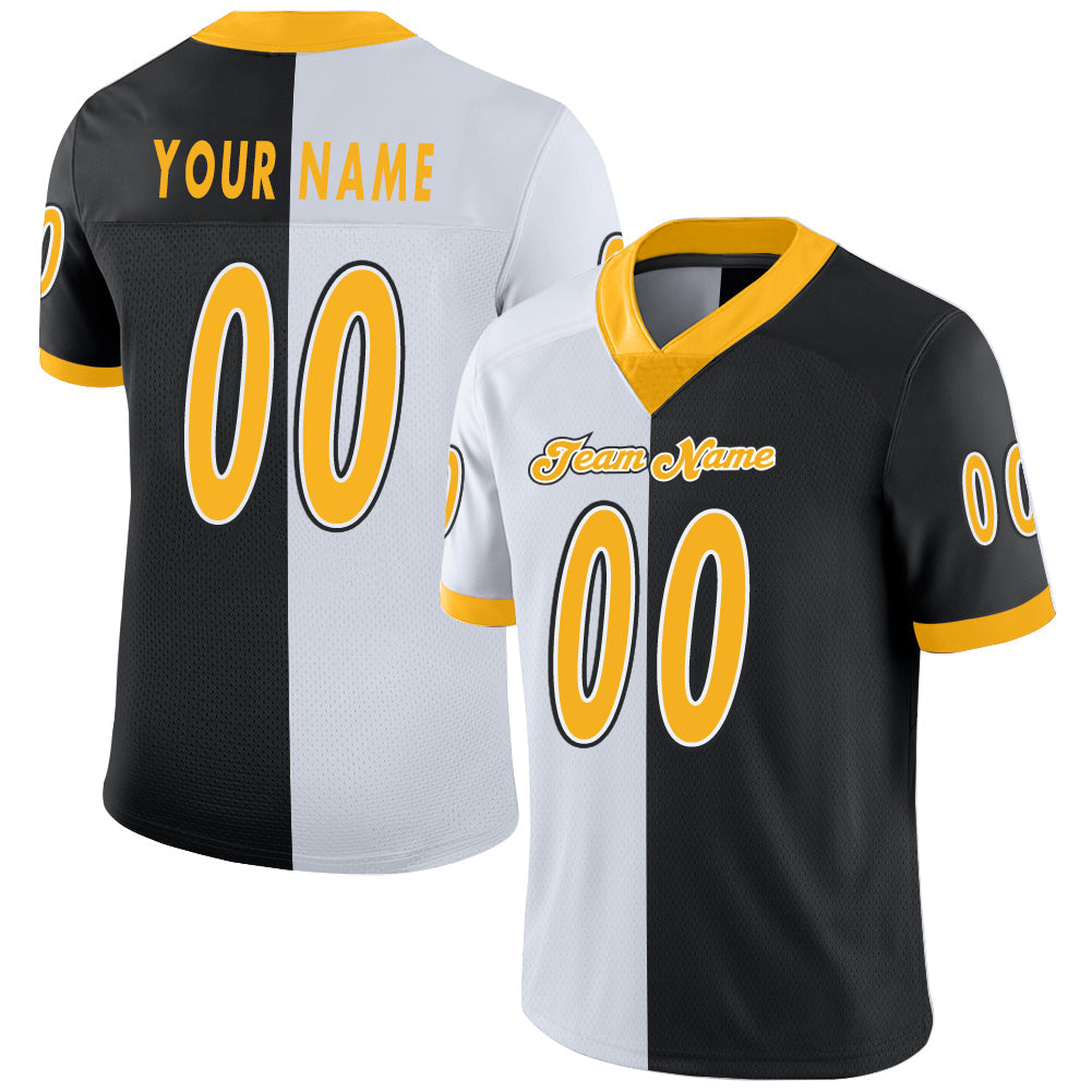 Custom Black Gold-White Split Fashion Football Jersey - Main View