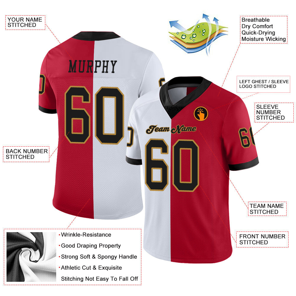 Custom Red Black-White Split Fashion Football Jersey view 3