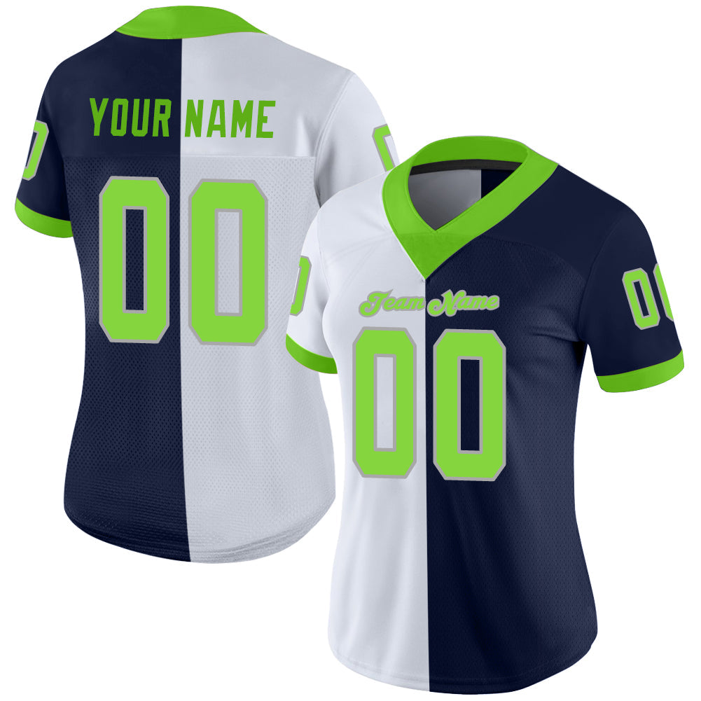 Custom Navy Neon Green-White Split Fashion Football Jersey view 2