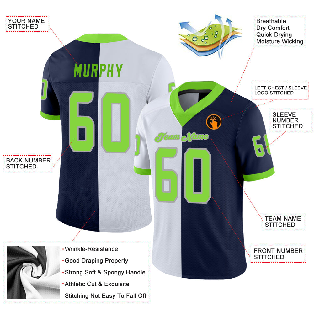 Custom Navy Neon Green-White Split Fashion Football Jersey view 3