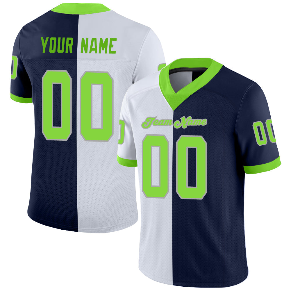 Custom Navy Neon Green-White Split Fashion Football Jersey - Main View
