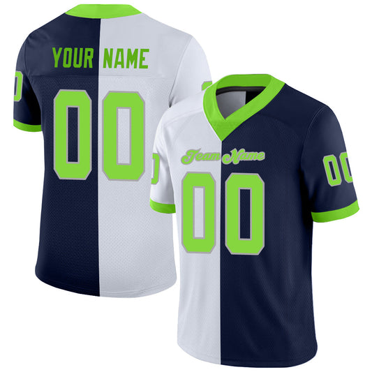 Custom Navy Neon Green-White Split Fashion Football Jersey - Main View