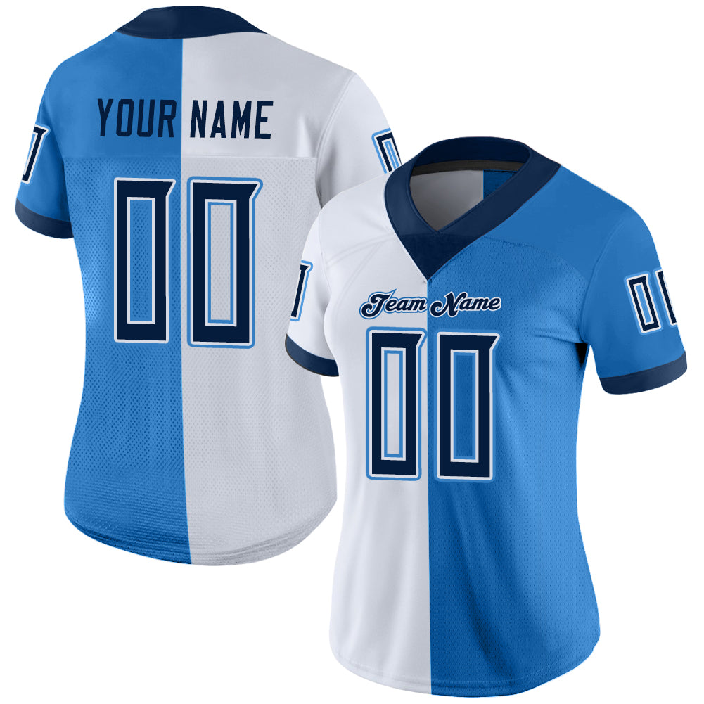Custom Powder Blue Navy-White Split Fashion Football Jersey view 2