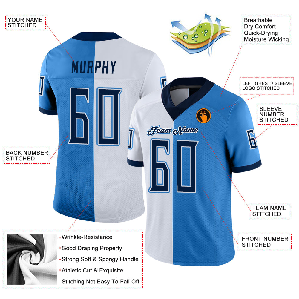 Custom Powder Blue Navy-White Split Fashion Football Jersey view 3