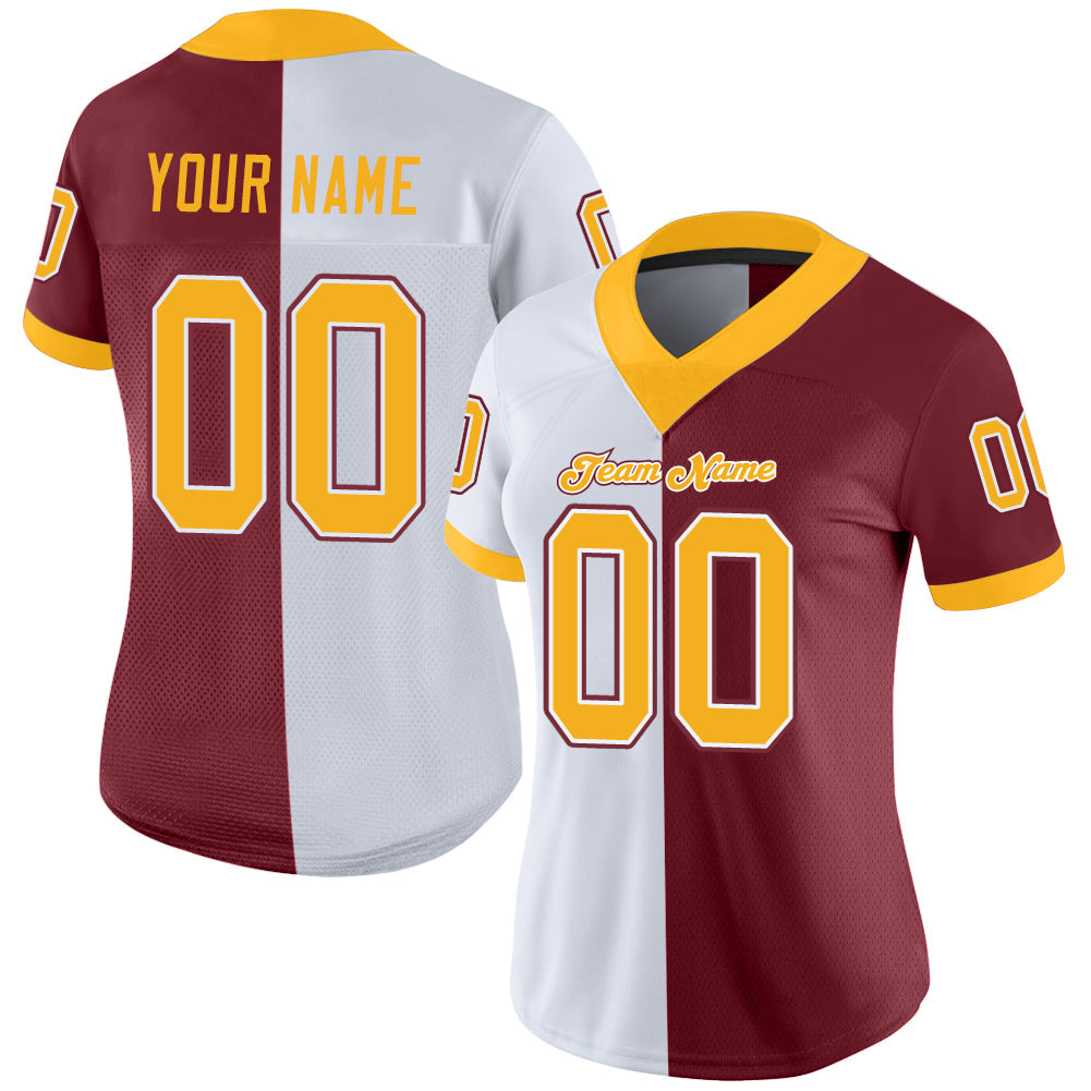 Custom Burgundy Gold-White Split Fashion Football Jersey view 2