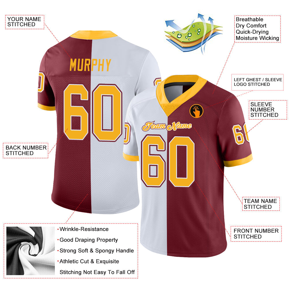 Custom Burgundy Gold-White Split Fashion Football Jersey view 3