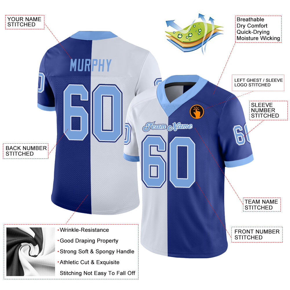 Custom Royal Light Blue-White Split Fashion Football Jersey view 3
