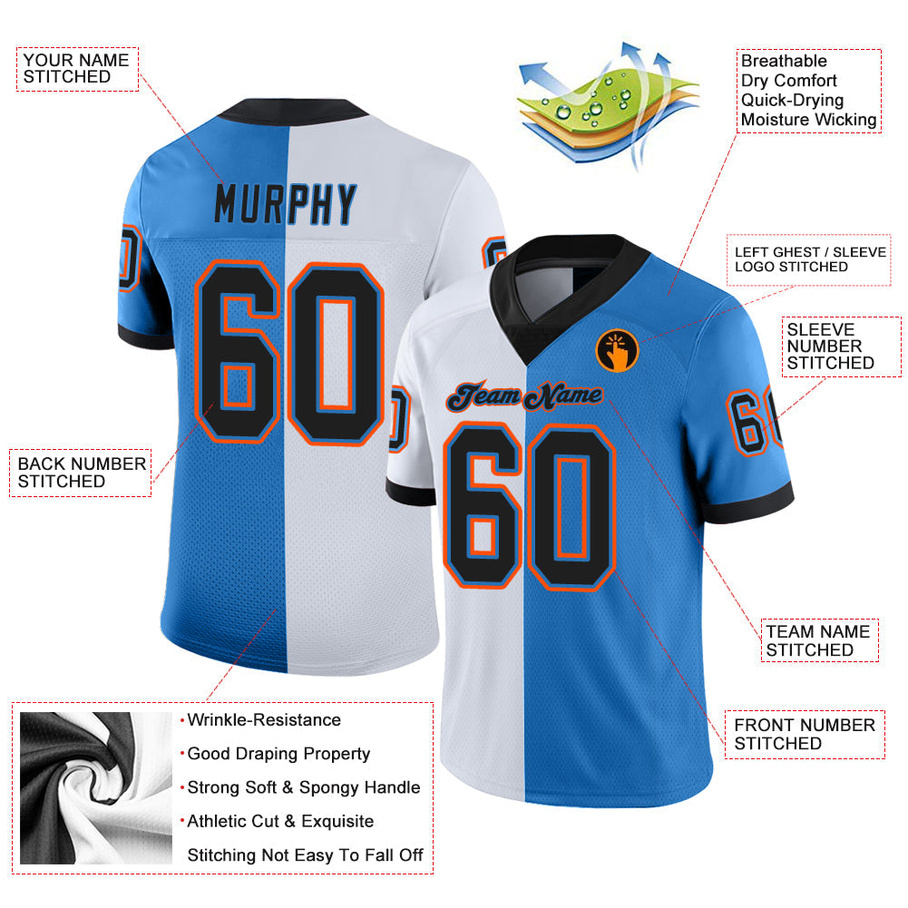 Custom Powder Blue Black-White Split Fashion Football Jersey view 3