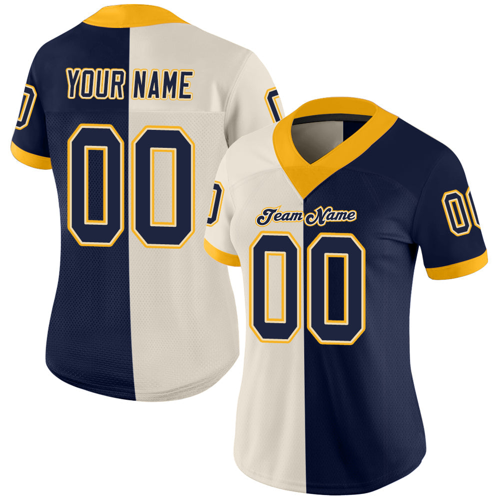 Custom Cream Navy-Gold Split Fashion Football Jersey view 2