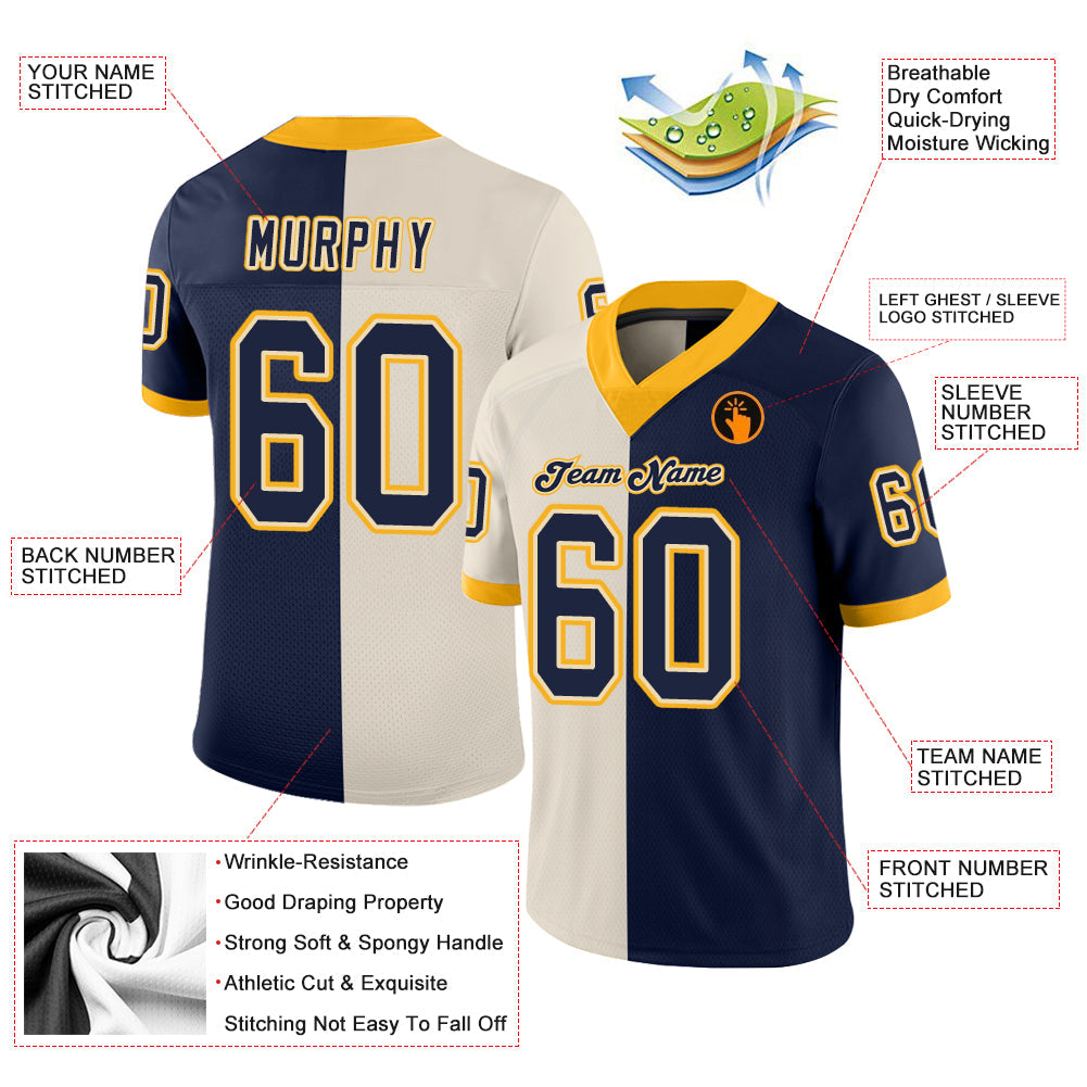 Custom Cream Navy-Gold Split Fashion Football Jersey view 3