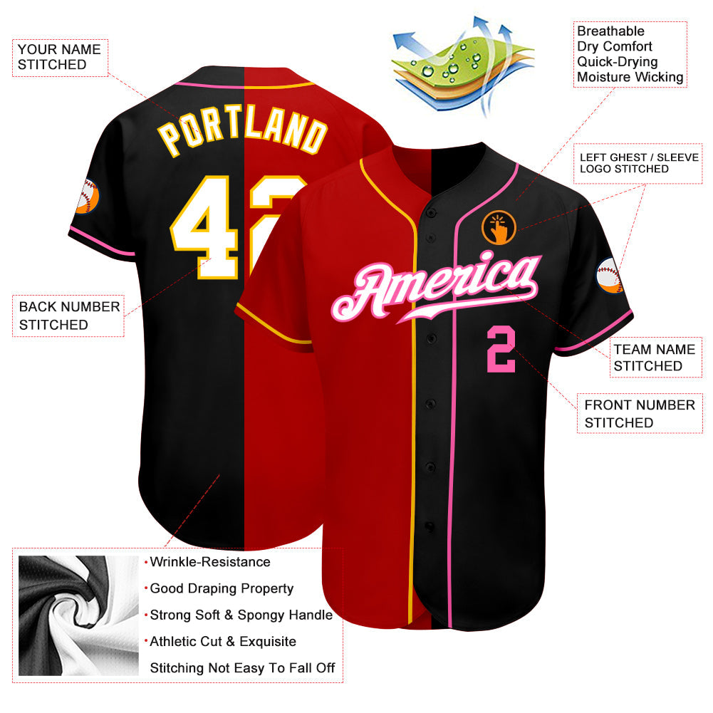 Custom Black White-Red Authentic Split Fashion Baseball Jersey view 3