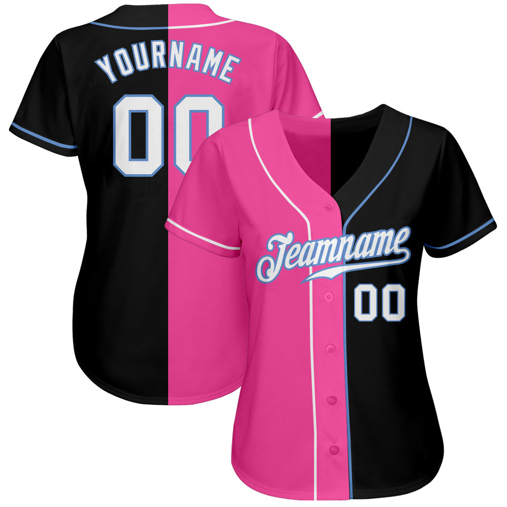 Custom Black White-Pink Authentic Split Fashion Baseball Jersey view 2