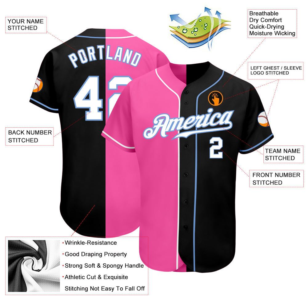 Custom Black White-Pink Authentic Split Fashion Baseball Jersey view 3