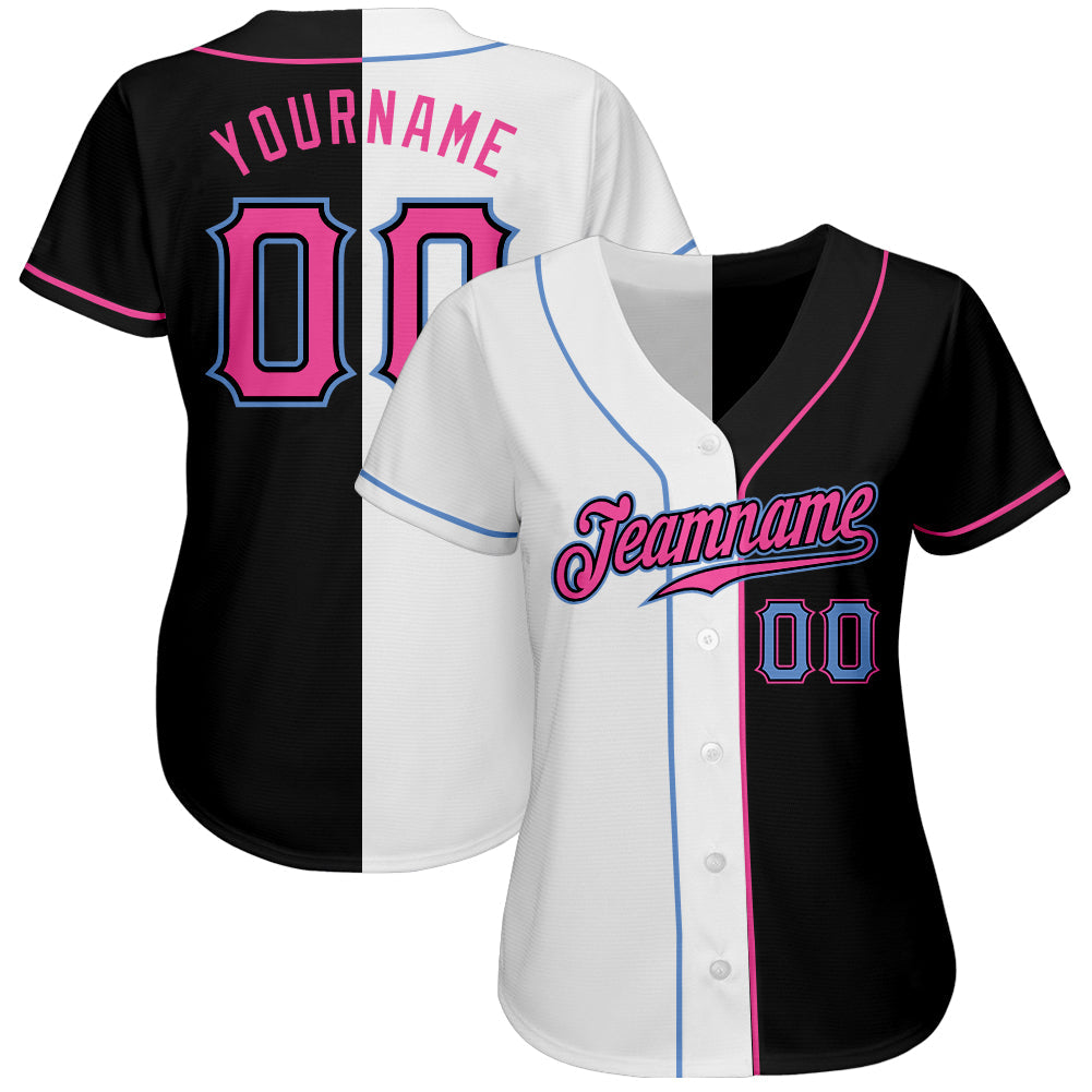 Custom Black Pink-White Authentic Split Fashion Baseball Jersey view 2