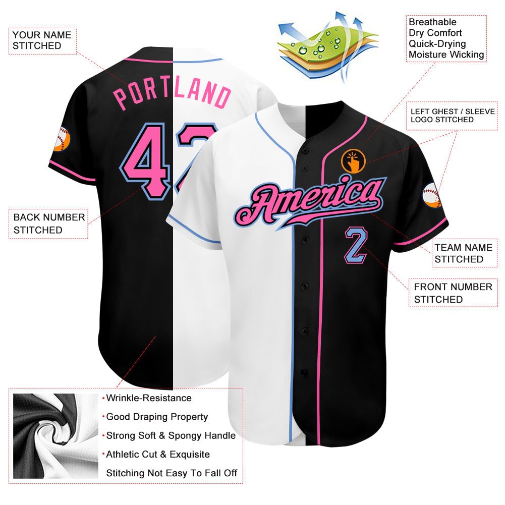 Custom Black Pink-White Authentic Split Fashion Baseball Jersey view 3