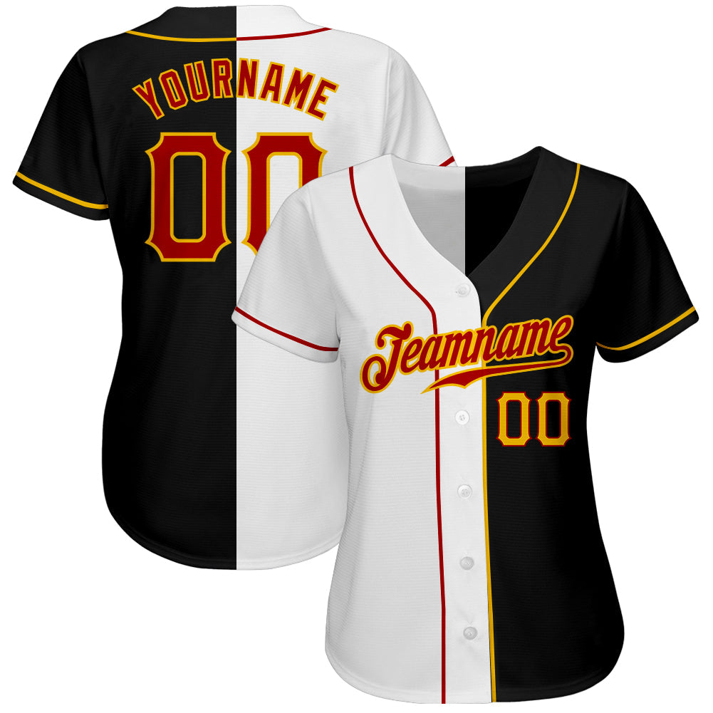 Custom Black Red-White Authentic Split Fashion Baseball Jersey view 2