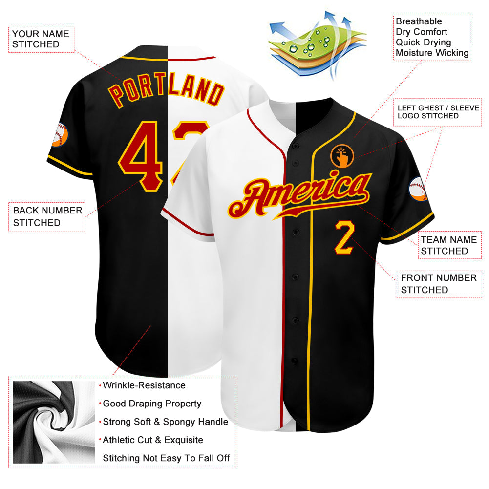 Custom Black Red-White Authentic Split Fashion Baseball Jersey view 3