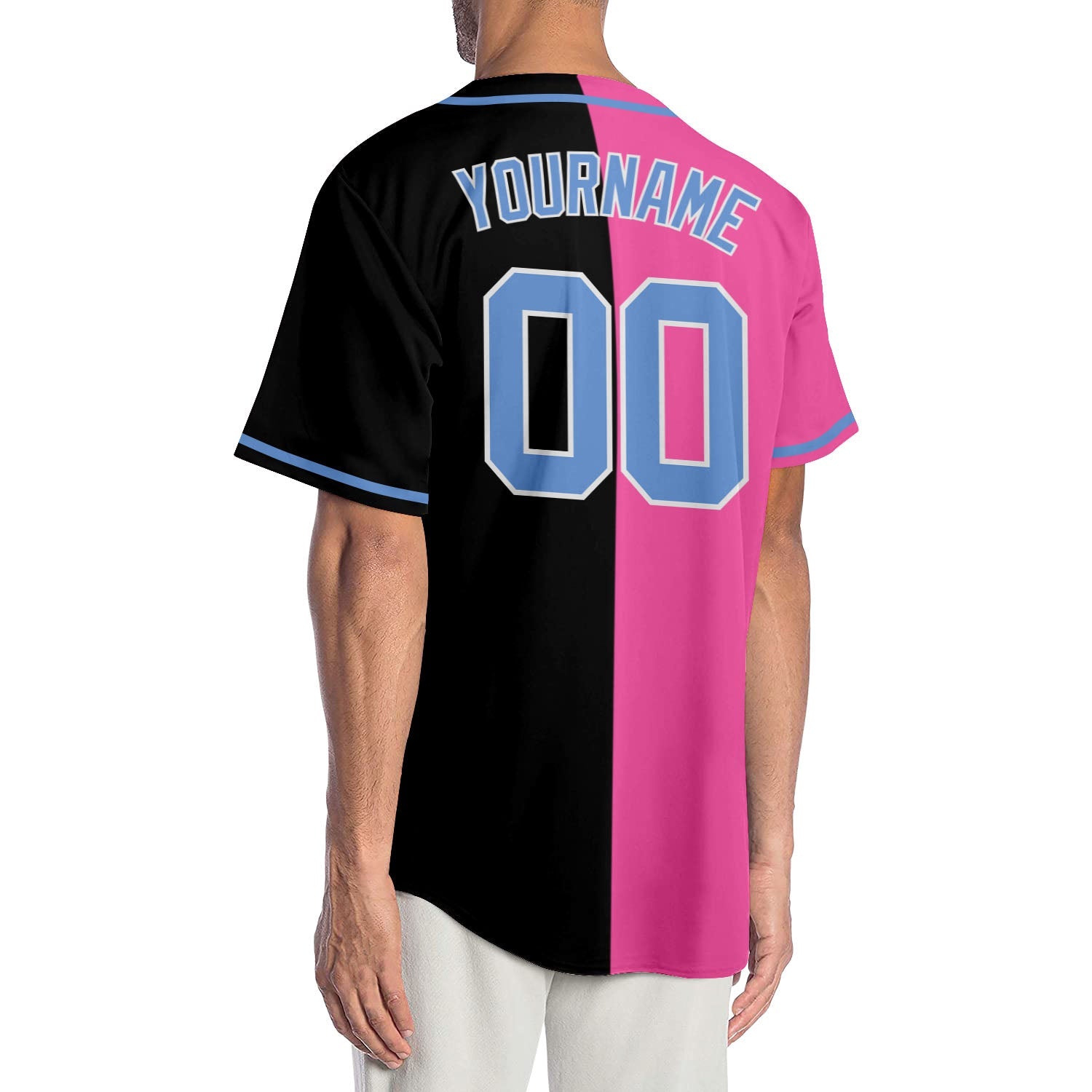 Custom Black Light Blue-Pink Authentic Split Fashion Baseball Jersey view 2